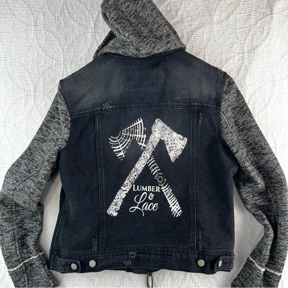 Black Rivet Womens L Cotton Jacket Lumber and Lace Hatchets Hooded Denim Vest